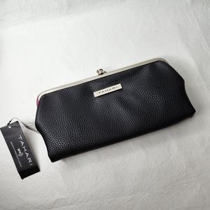 Tahari Wallet Double Frame Clutch Black Pebbled Vegan Leather RFID NWT